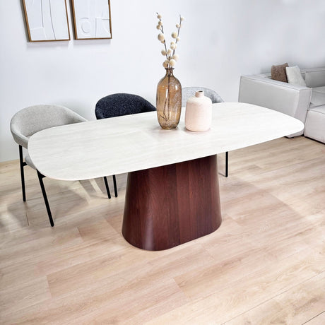 Sintered Stone Marmorlook Travertin Esstisch Lea 180x90 cm - Walnussrahmen - Dänisch Oval 
