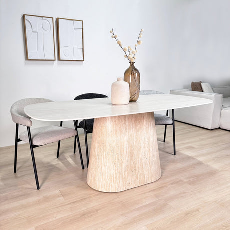 Sintered Stone Marmorlook Travertin Esstisch Lea 180x90 cm - Licht Eichenrahmen - Dänisch Oval 
