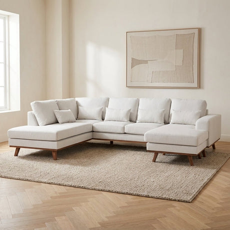 U-bank beige linnen stof met eiken poten Alva sfeerfoto in modern interieur