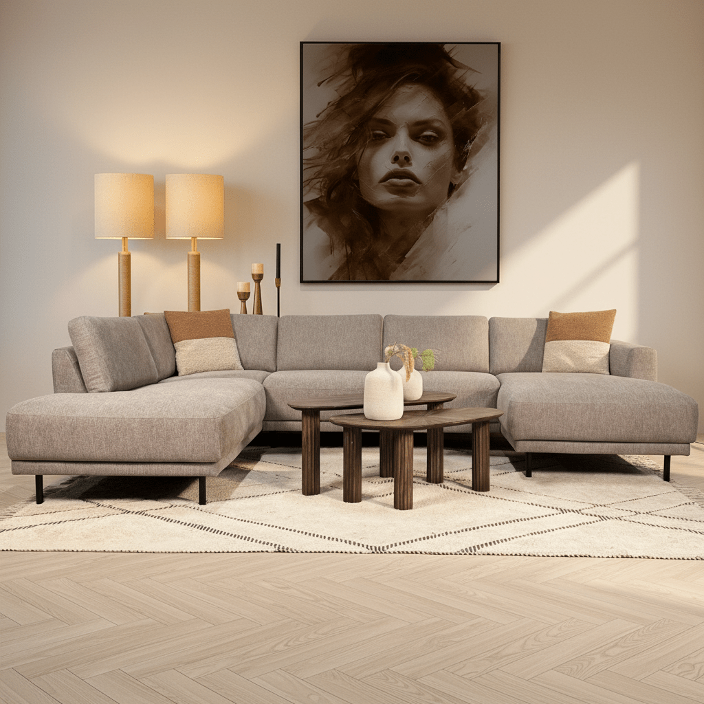 Modernes U-Sofa Ecksofa links, taupe Stoff Aniko, 310x197x78 cm