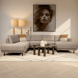 Modernes U-Sofa Ecksofa links, taupe Stoff Aniko, 310x197x78 cm