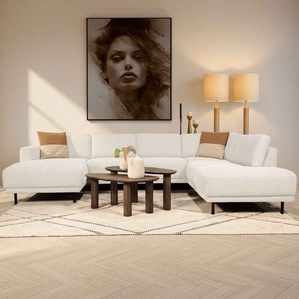 Moderne U-Bank Ecksofa Beiger Stoff – Rechts – 310 x 197 x 142 cm – An – Dimehouse