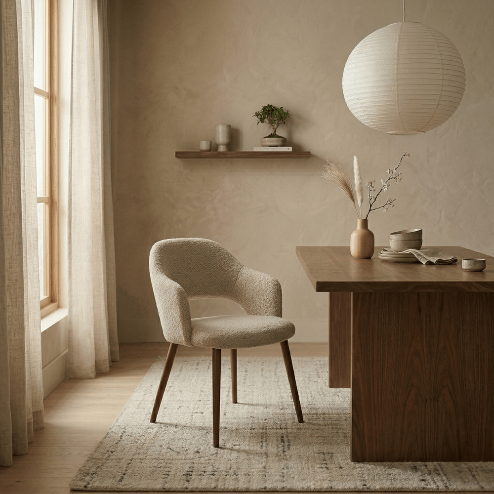 Japandi Esszimmerstuhl Sandfarben Bouclé Aki - Walnussrahmen - mit Armlehne