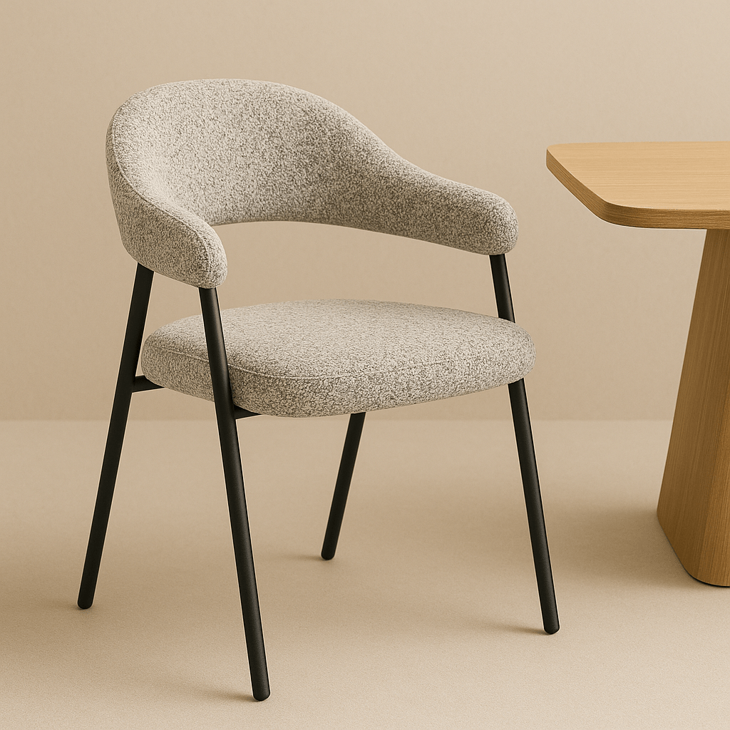 Komplettes Möbelset: Lea Esstisch Sintered Stone Marmorlook Travertin - Eichenrahmen + 4x Lisa Esszimmerstühle Bouclé Grau 