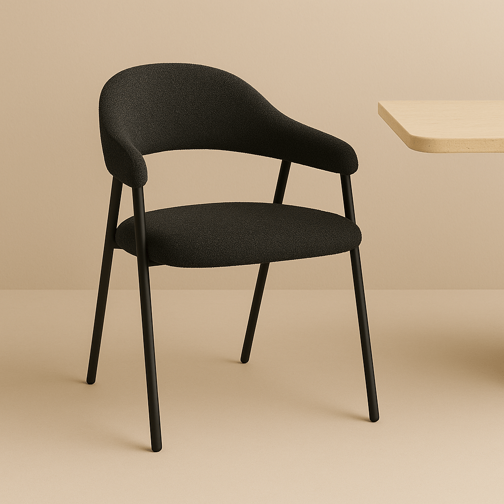 Komplettset: Lea Esstisch Travertin + 4x Lisa Stühle Bouclé Schwarz 