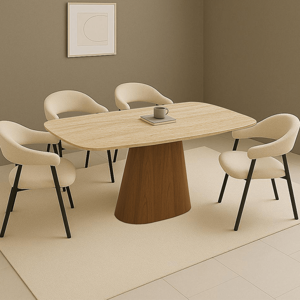 Sintered Stone Marmorlook Travertin Esstisch Lea 180x90 cm - Walnussrahmen - Dänisch Oval 