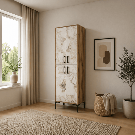 Schuhschrank Berlin Walnuss weißer Marmer Melamin 60x200x35 cm