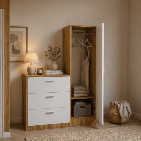 Wandschrank Weiß mit Kiefernholz Melamin – hängen und legen – 140 x 100 x 47 cm – Jade