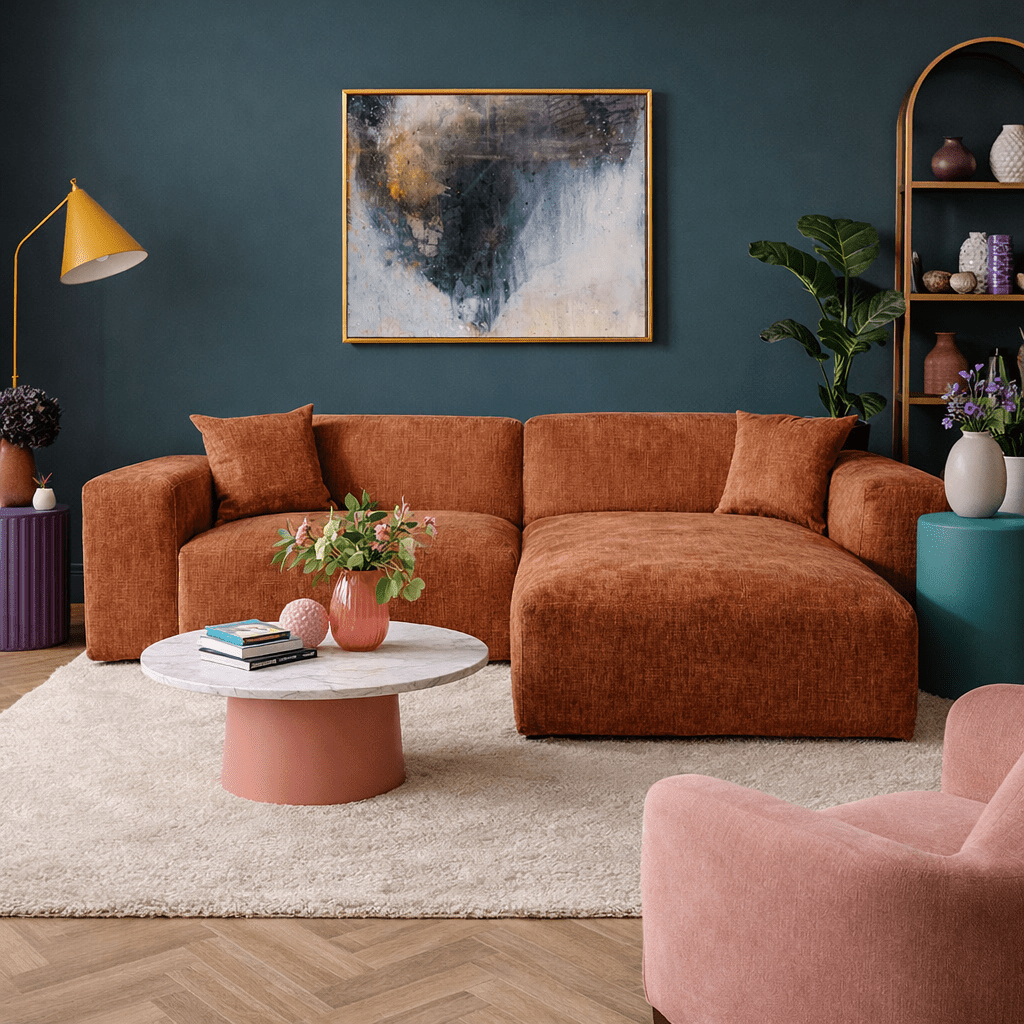 Ecksofa Wayne aus Chenille in Kupfer, 264 cm – Ecke links und rechts montierbar