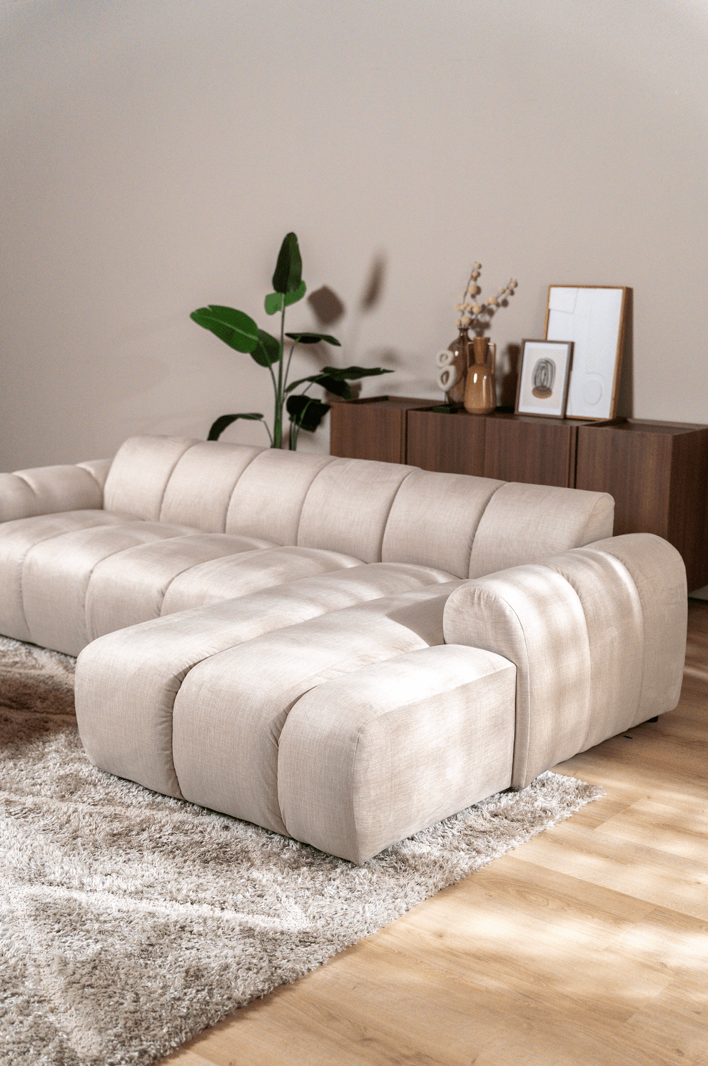 Banken-Ecksofa mit Loungebeige Samt Strukturstoff - Streifen - rechts - Brix-Dimehouse