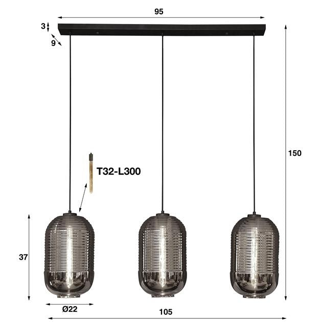 Hanglamp James DH Interior Zwart LxBxH 102x53x32 Metaal Sfeerfoto maatindicatie