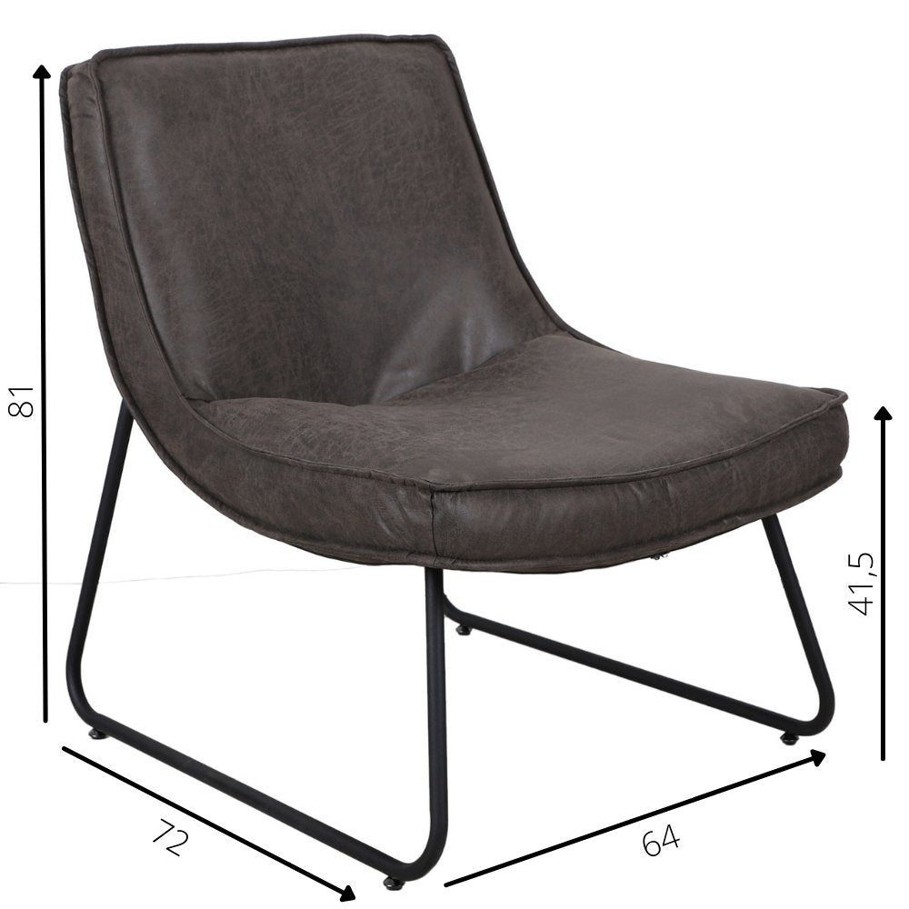 Fauteuil Lowen Ecoleer Dimehouse Antraciet LxBxH 82x66x65 Eco-leer Witfoto maatindicatie