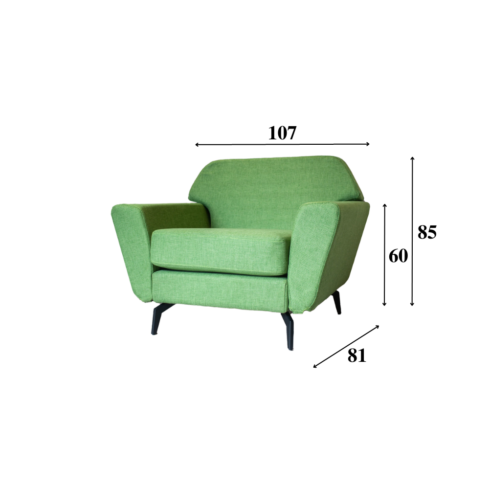 Fauteuil Roger Dimehouse Groen LxBxH 85x50x33 Stof Witfoto maatindicatie