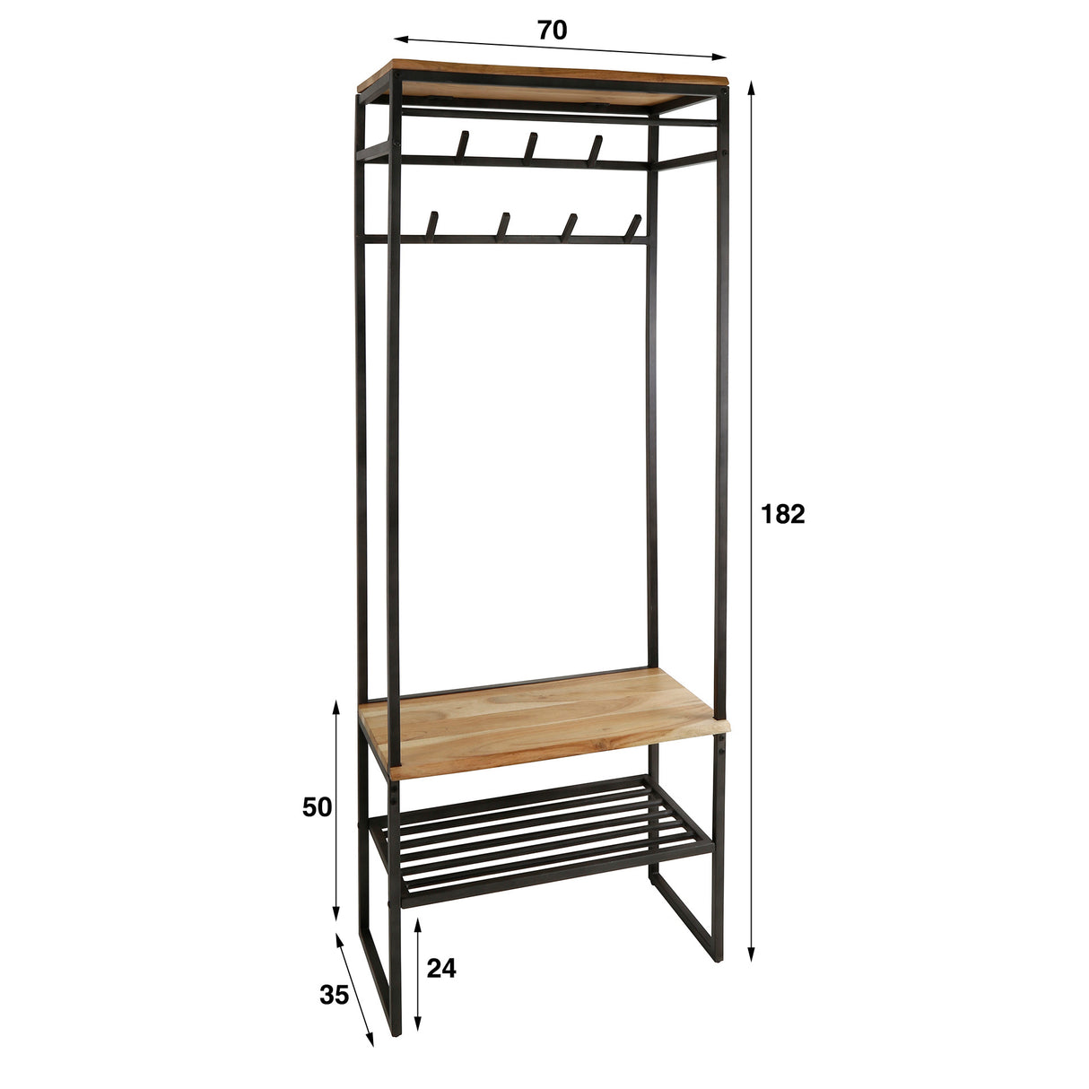 Kapstok Karl DH Interior Acacia LxBxH 182x70x35 Acaciahout Witfoto maatindicatie