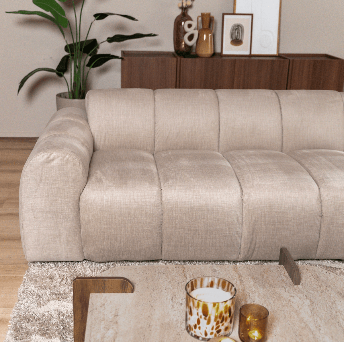 Banken-Ecksofa mit Loungebeige Samt Strukturstoff - Streifen - rechts - Brix-Dimehouse