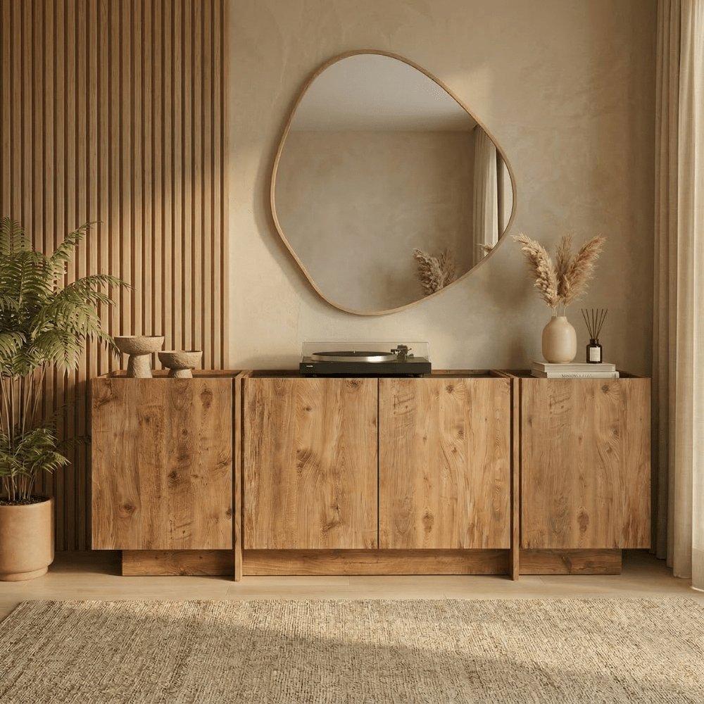 Sideboard Japandi Eichenoptik Melamin Anthrazit Lowen 180x45x80 cm – Dimehouse