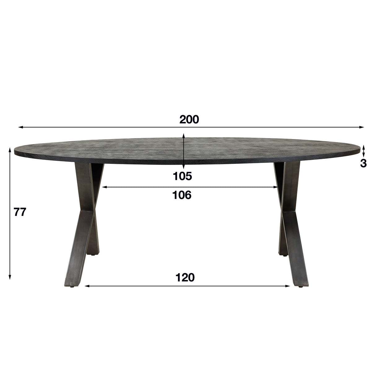 Eettafel Yme DH Interior Zwart LxBxH 204x107x7 Acaciahout Witfoto maatindicatie