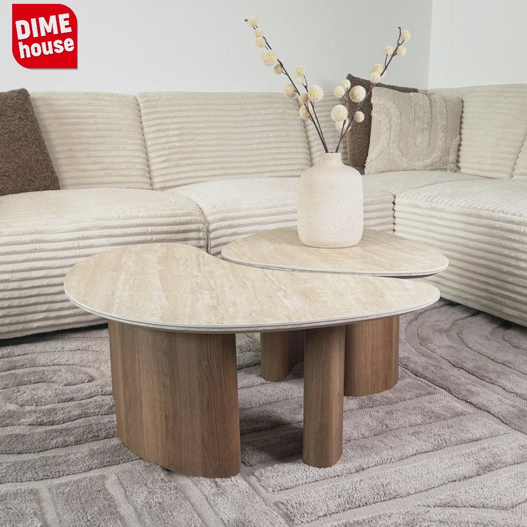 Couchtisch Set von 2 Jimi Travertinplatte mit Walnussgestell 