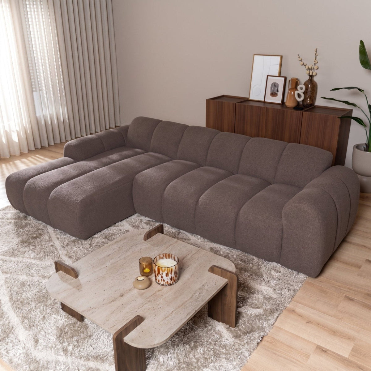 Banken-Ecksofa mit Lounge-Softbraun Bouclé Stoff - Streifen - links - Brix -Dimehouse