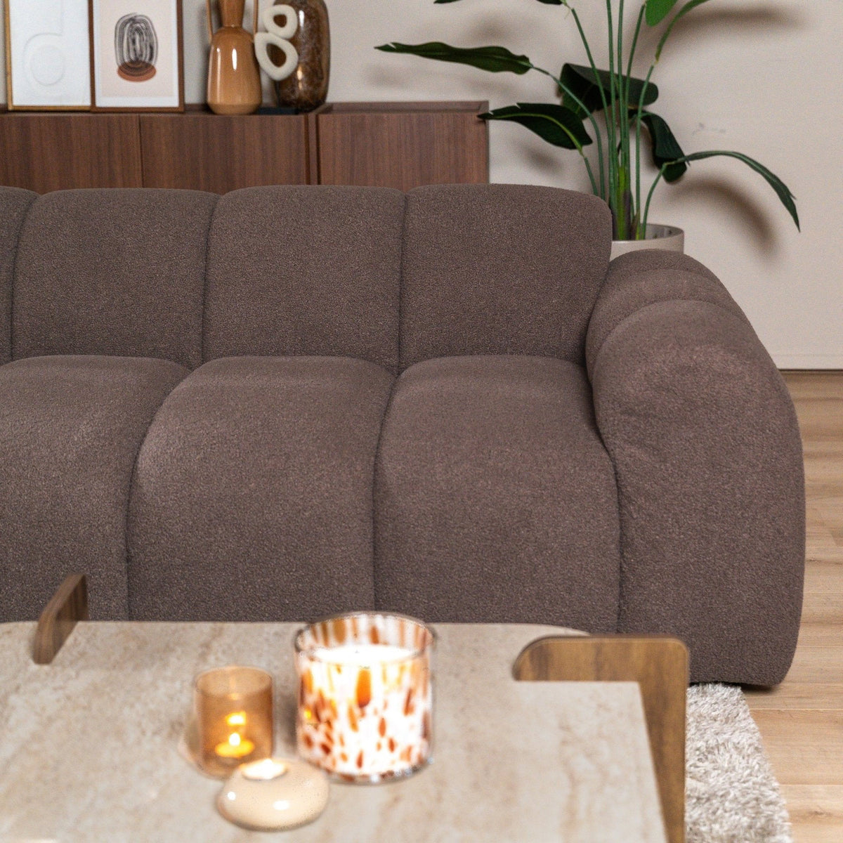 Banken-Ecksofa mit Lounge-Softbraun Bouclé Stoff - Streifen - links - Brix -Dimehouse