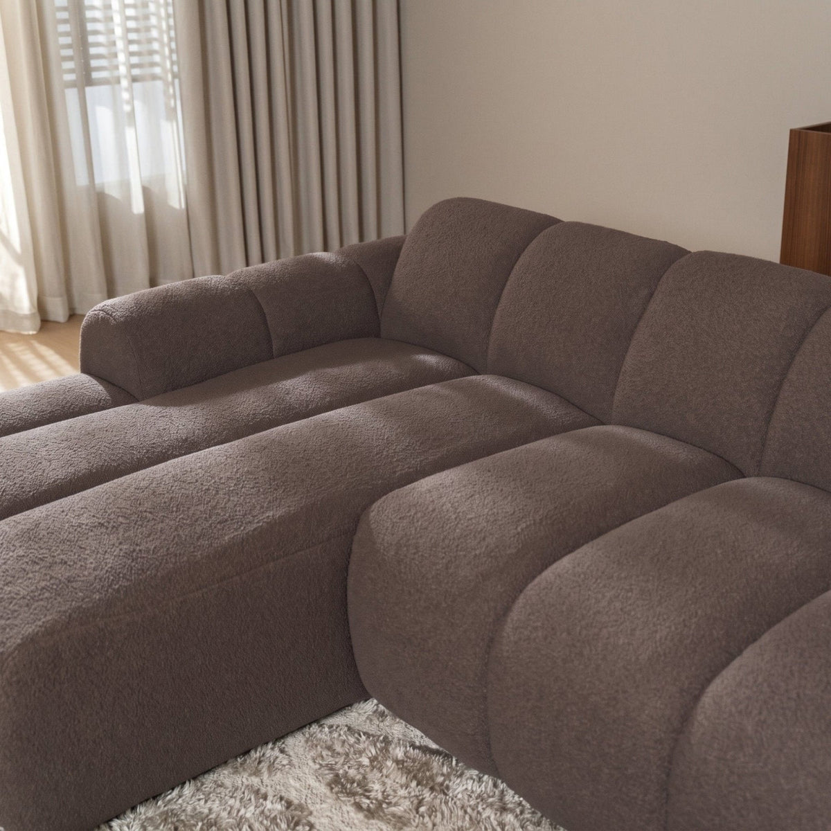Banken-Ecksofa mit Lounge-Softbraun Bouclé Stoff - Streifen - links - Brix -Dimehouse