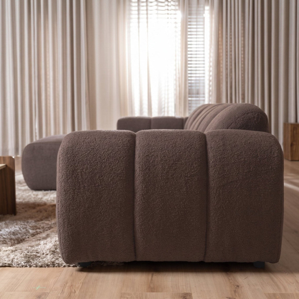Banken-Ecksofa mit Lounge-Softbraun Bouclé Stoff - Streifen - links - Brix -Dimehouse