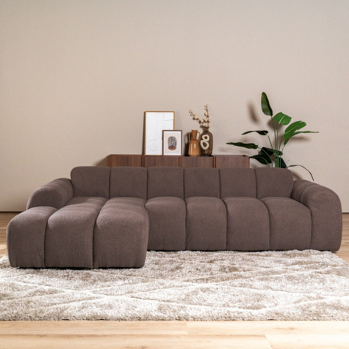 Banken-Ecksofa mit Lounge-Softbraun Bouclé Stoff - Streifen - links - Brix -Dimehouse