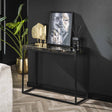 Schminktisch Minette DH Interior Schwarz & Gold LxBxH 104x40x13 Teak Stimmungsvolles Foto diagonale Vorderansicht