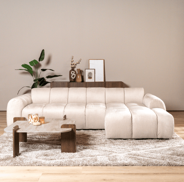 Banken-Ecksofa mit Loungebeige Samt Strukturstoff - Streifen - rechts - Brix-Dimehouse