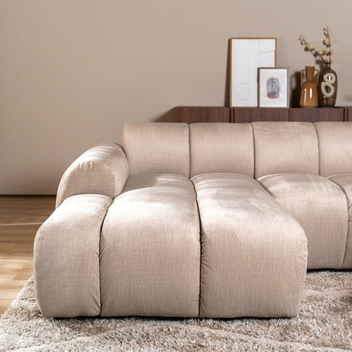 Banken-Ecksofa mit Loungebeige Samt Strukturstoff - Streifen - links - Brix-Dimehouse
