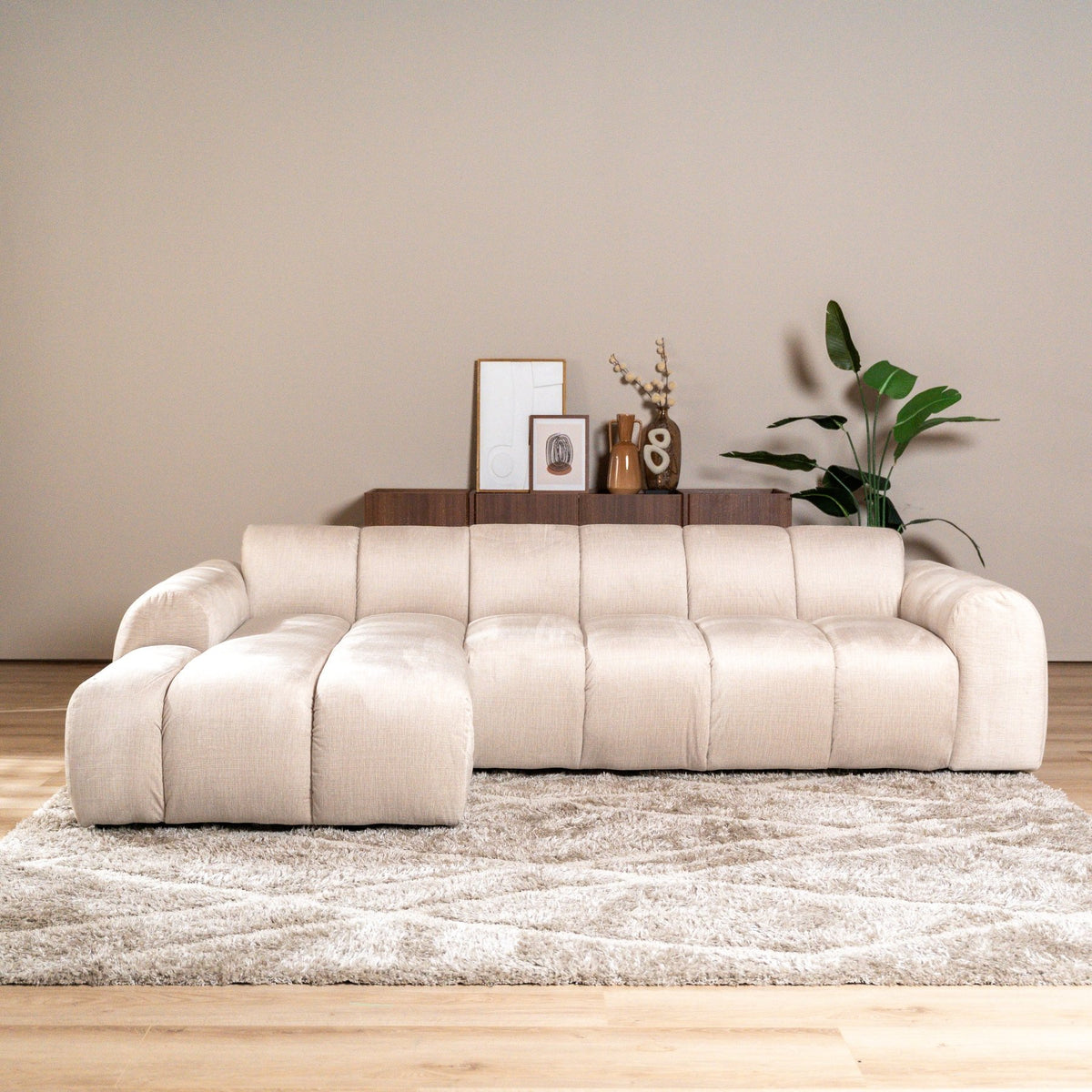 Banken-Ecksofa mit Loungebeige Samt Strukturstoff - Streifen - links - Brix-Dimehouse