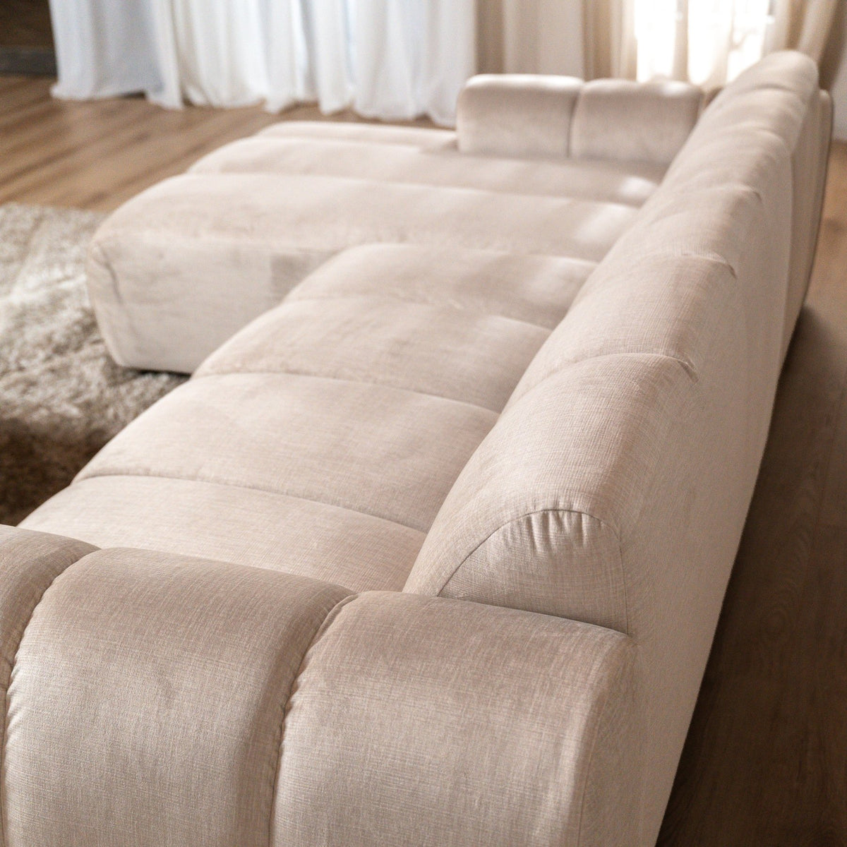Banken-Ecksofa mit Loungebeige Samt Strukturstoff - Streifen - links - Brix-Dimehouse
