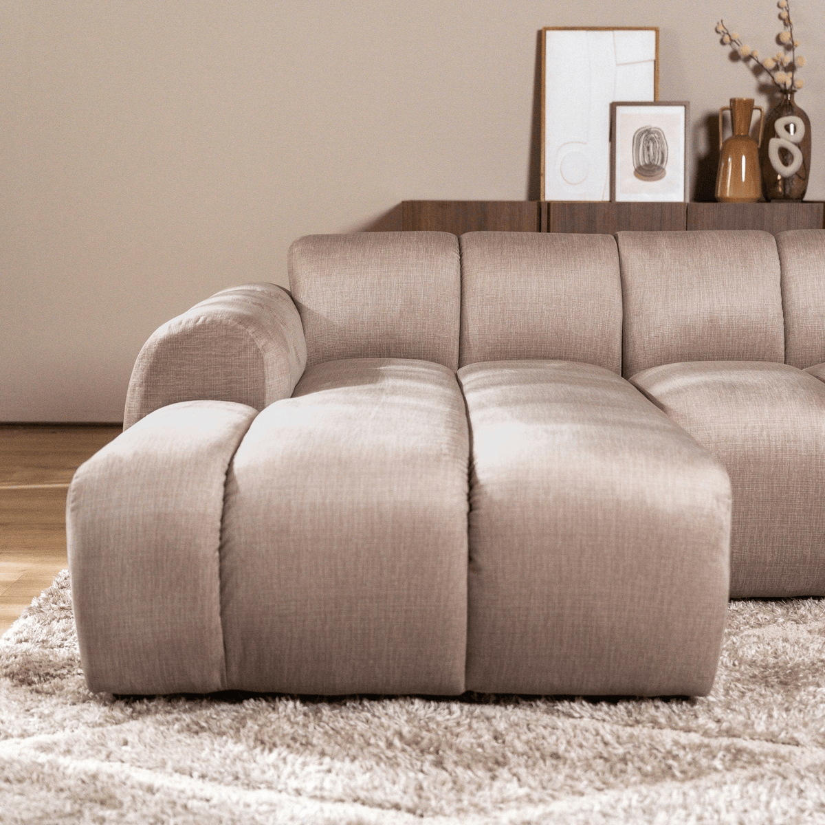 Banken-Ecksofa mit Loungesand Samt Strukturstoff - Streifen - links - Brix-Dimehouse