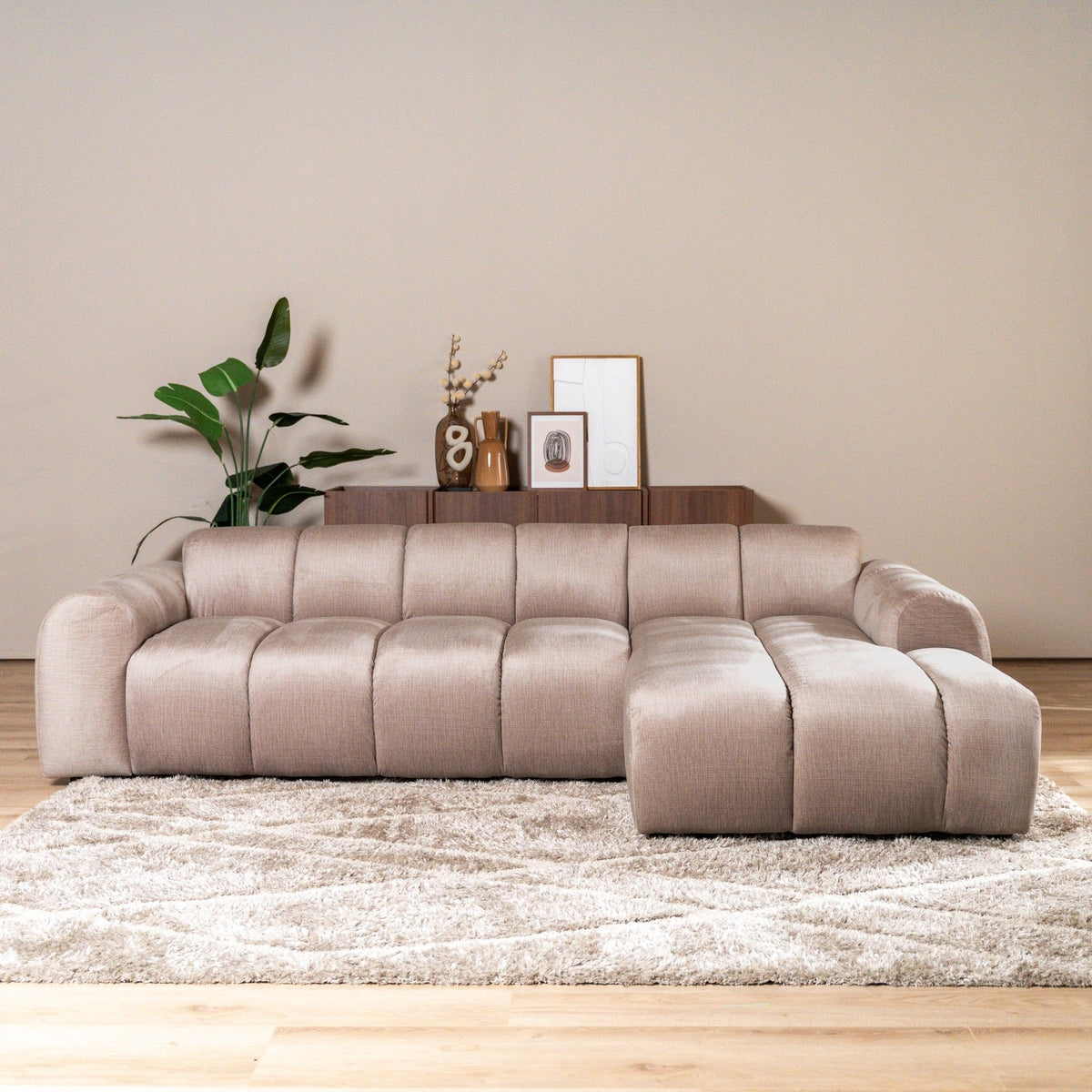 Banken-Ecksofa mit Loungesand Samt Strukturstoff - Streifen - rechts - Brix-Dimehouse