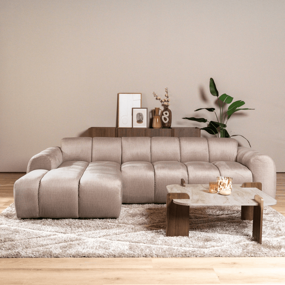 Banken-Ecksofa mit Loungesand Samt Strukturstoff - Streifen - links - Brix-Dimehouse